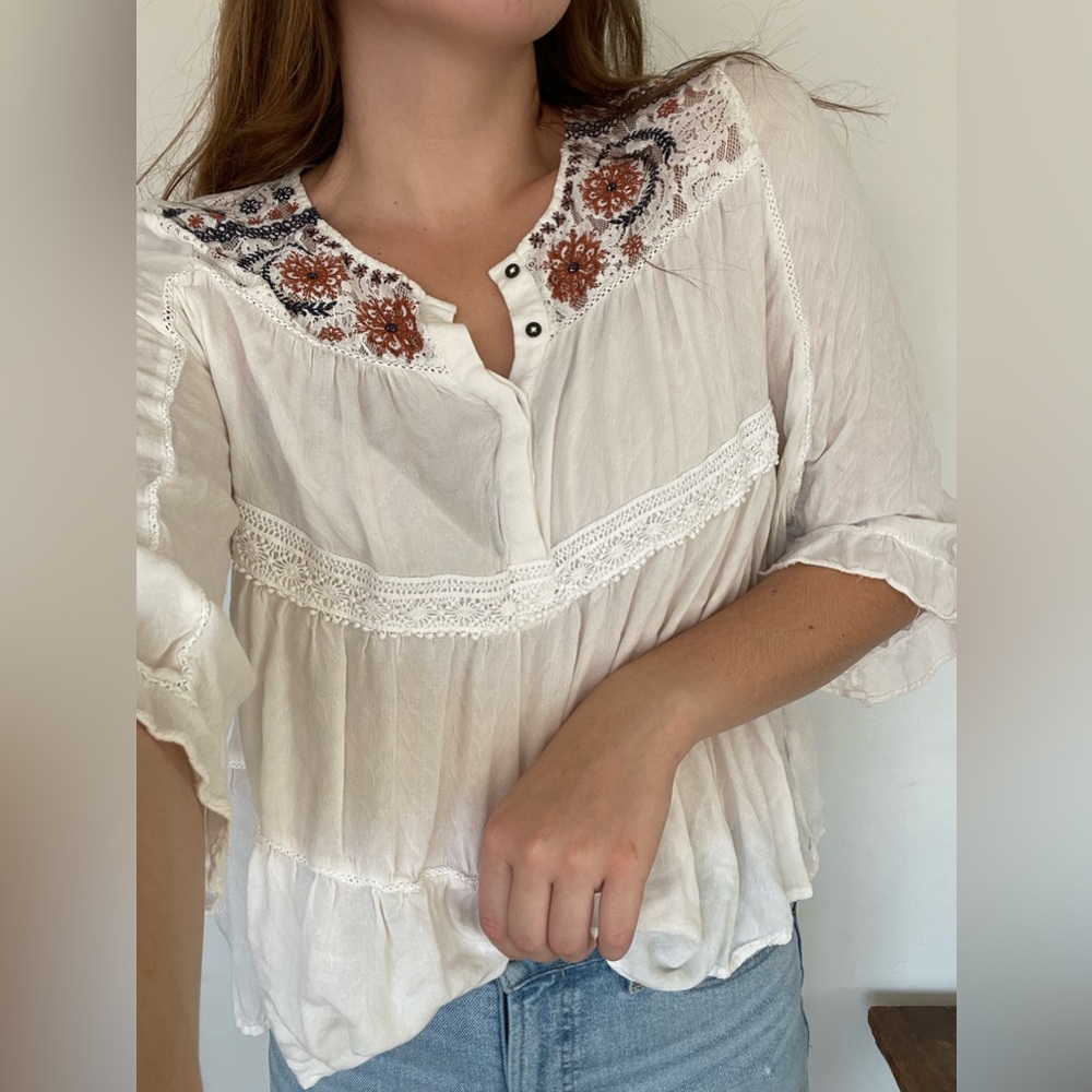 Embroidered Flowy Button Up Top Knox Rose Gauzy Shirt for Women Stitched Detail